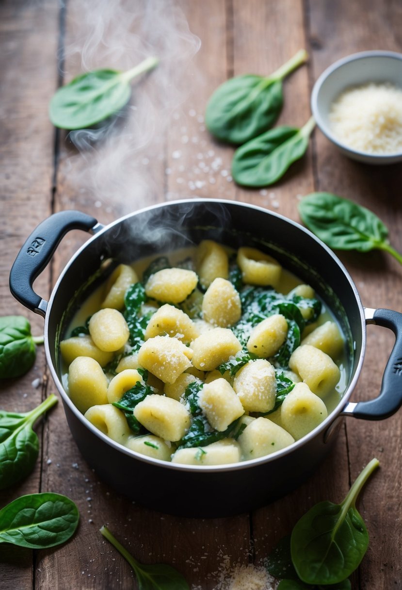 A steaming pot of creamy spinach gnocchi on a rustic wooden table, surrounded by scattered fresh spinach leaves and a sprinkle of grated parmesan