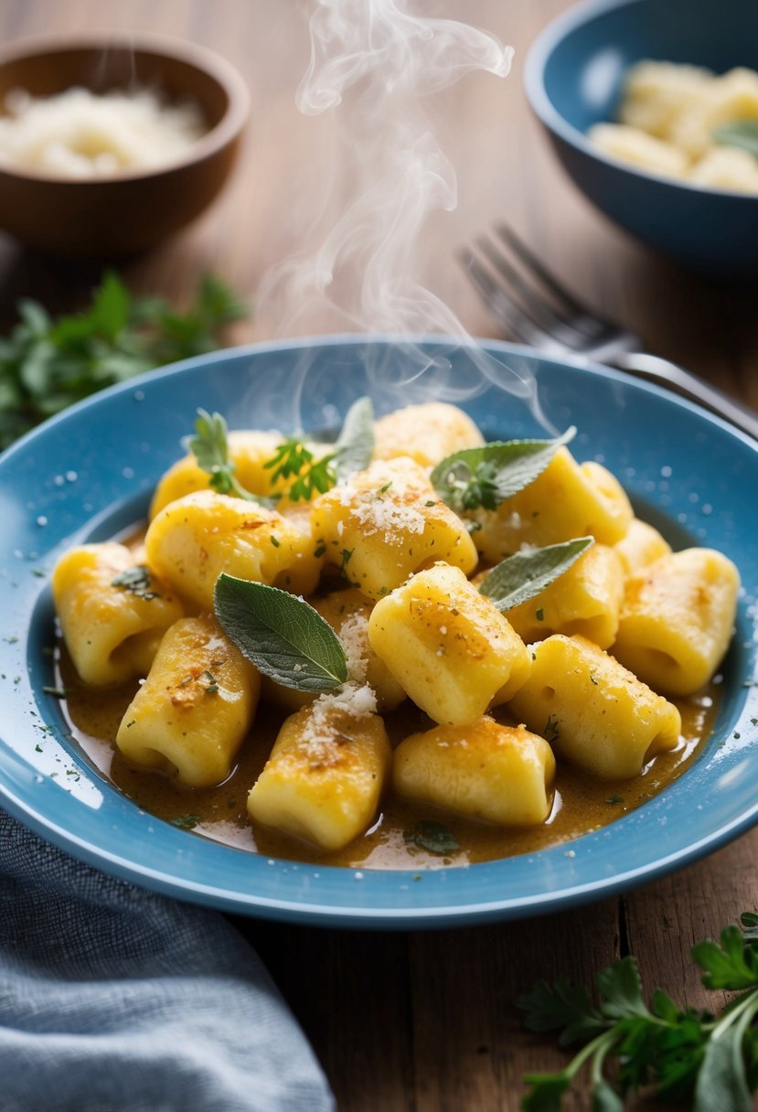 A steaming plate of gnocchi drenched in rich, golden brown butter sage sauce, garnished with fresh herbs and a sprinkle of Parmesan cheese