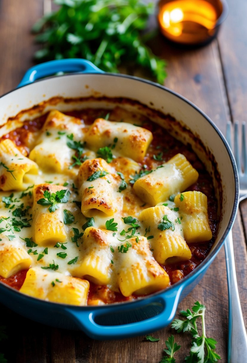 A bubbling dish of baked gnocchi covered in melted cheese and fresh herbs