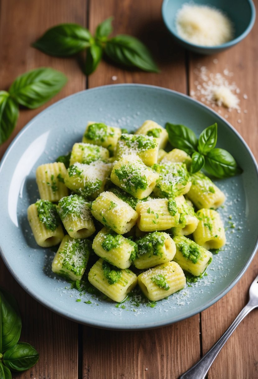 A wooden table set with a rustic plate of gnocchi coated in vibrant green pesto, garnished with a sprinkle of grated parmesan and a few scattered basil leaves