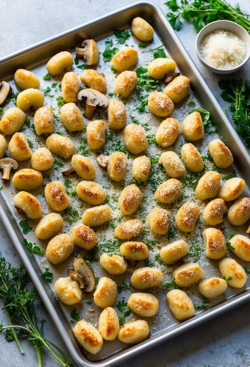 A sheet pan filled with golden-brown mushroom gnocchi, surrounded by fresh herbs and sprinkled with grated parmesan cheese