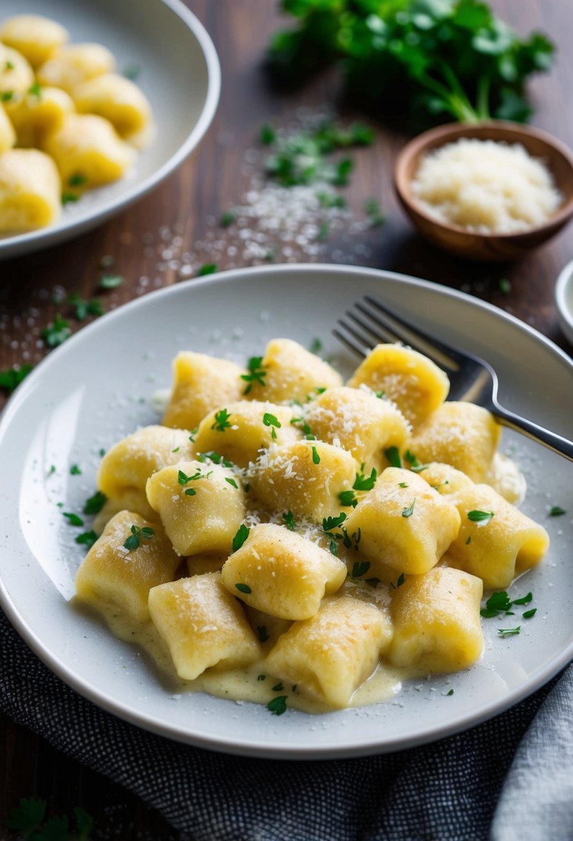 A steaming plate of pillowy gnocchi smothered in creamy Gorgonzola sauce, garnished with freshly grated Parmesan and a sprinkle of chopped parsley