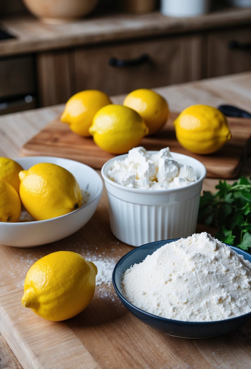 A rustic kitchen counter with a wooden cutting board, a bowl of fresh lemons, a container of ricotta cheese, and a pile of flour