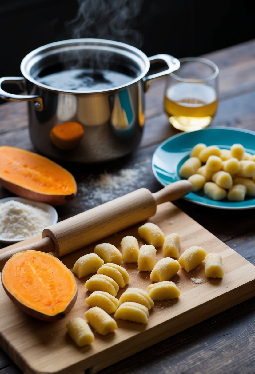 A wooden cutting board with sweet potatoes, flour, and a rolling pin. A pot of boiling water and a plate of cooked gnocchi