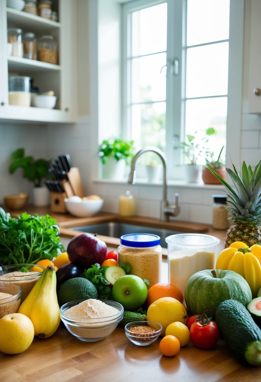 A kitchen counter with various fresh fruits, vegetables, and non-dairy ingredients, along with gluten-free grains and flours