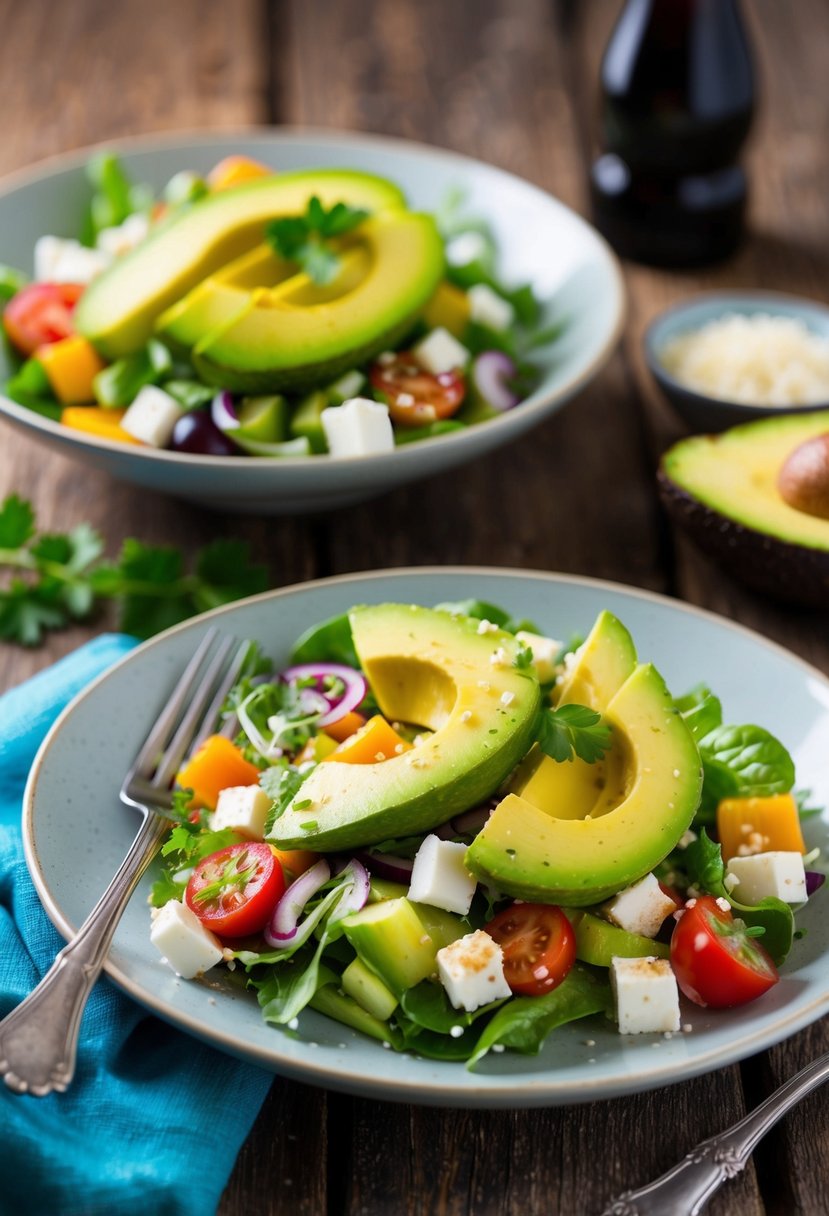 A vibrant avocado Greek salad with fresh vegetables and a tangy vinaigrette, served on a rustic wooden table