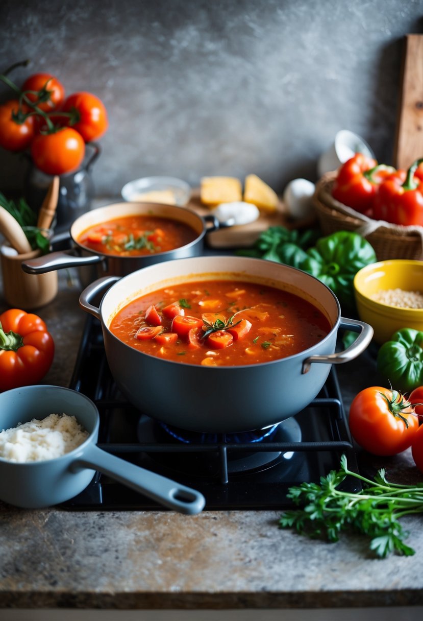 A rustic kitchen counter with a pot of simmering roasted tomato and red pepper soup surrounded by fresh ingredients and cooking utensils