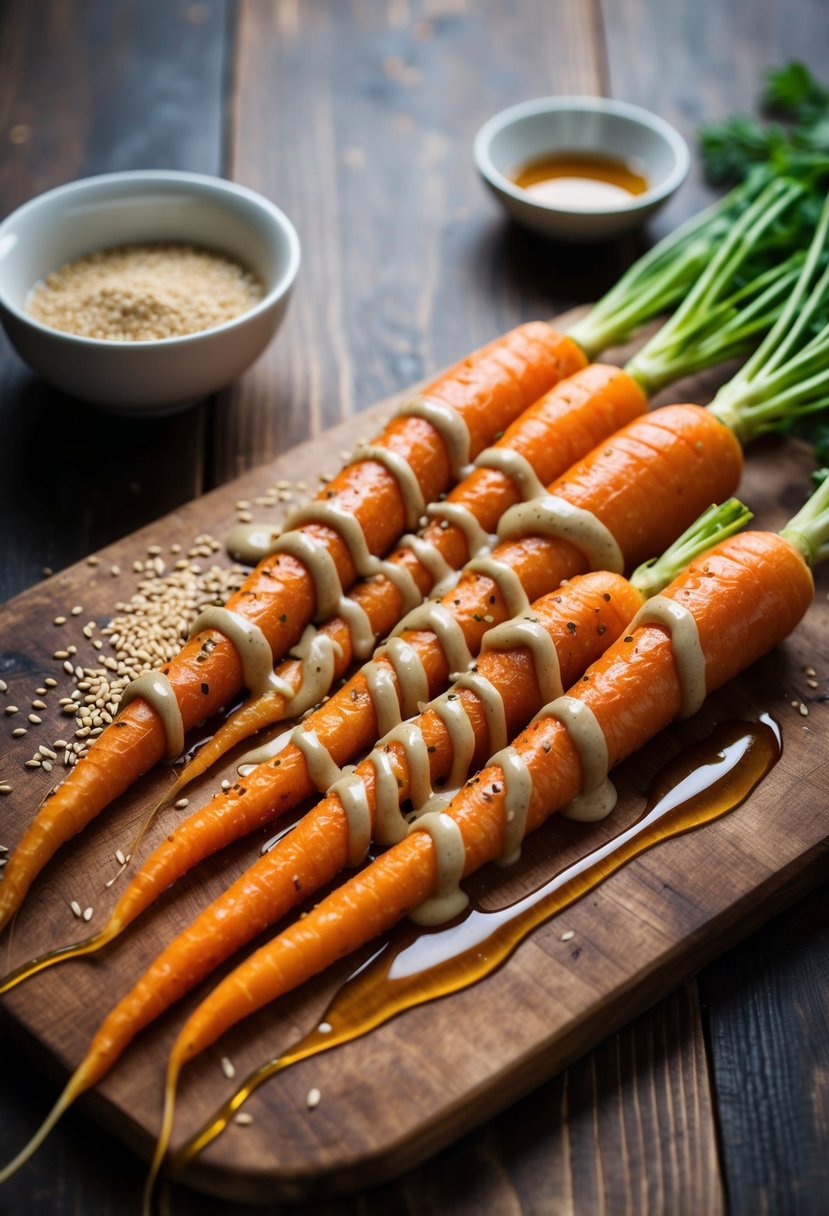 Golden carrots drizzled with tahini on a rustic wooden board. A sprinkle of sesame seeds and a drizzle of maple syrup