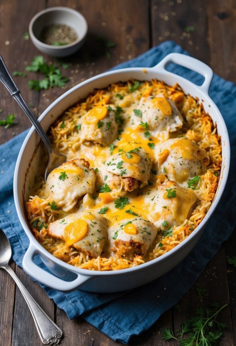 A bubbling casserole dish filled with creamy chicken, rice, and melted cheese, surrounded by scattered herbs and spices on a rustic wooden table