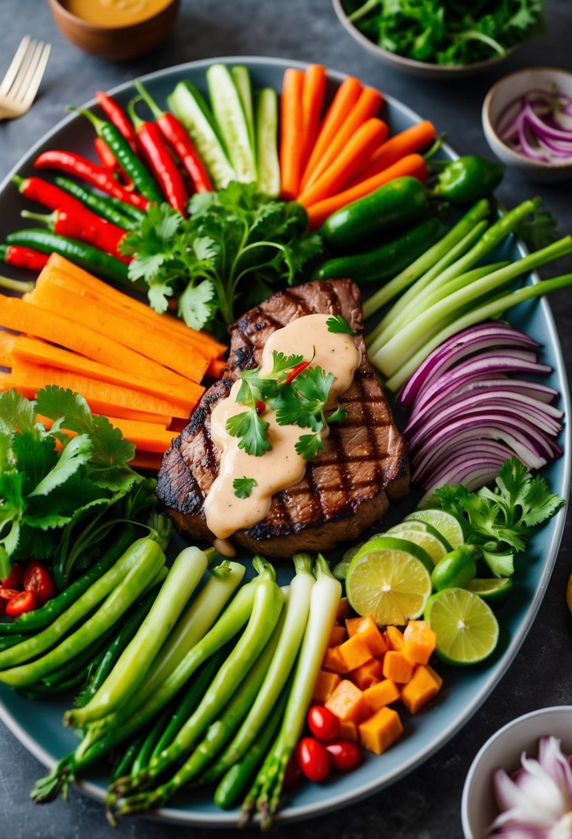 A colorful array of fresh vegetables, grilled steak, and Thai-inspired dressing arranged on a large serving platter