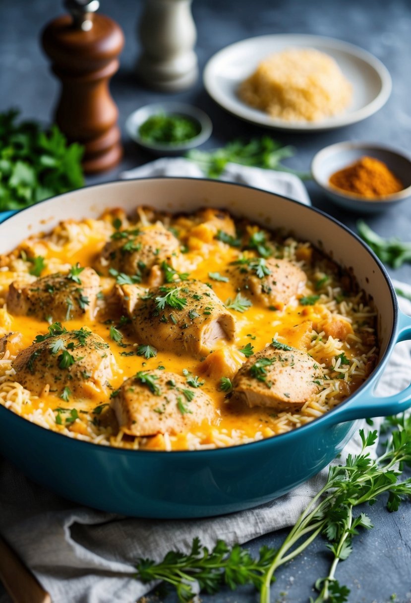 A bubbling casserole dish filled with creamy chicken, rice, and melted cheese, surrounded by fresh herbs and spices