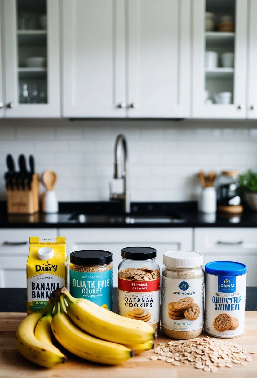 A kitchen counter with ingredients for banana oatmeal cookies - bananas, oats, and dairy-free and gluten-free baking supplies