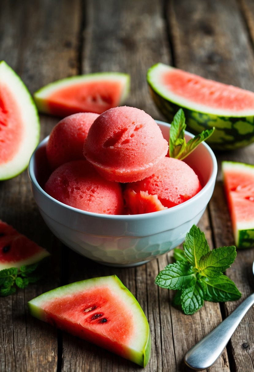 A bowl of watermelon sorbet surrounded by fresh watermelon slices and mint leaves on a rustic wooden table