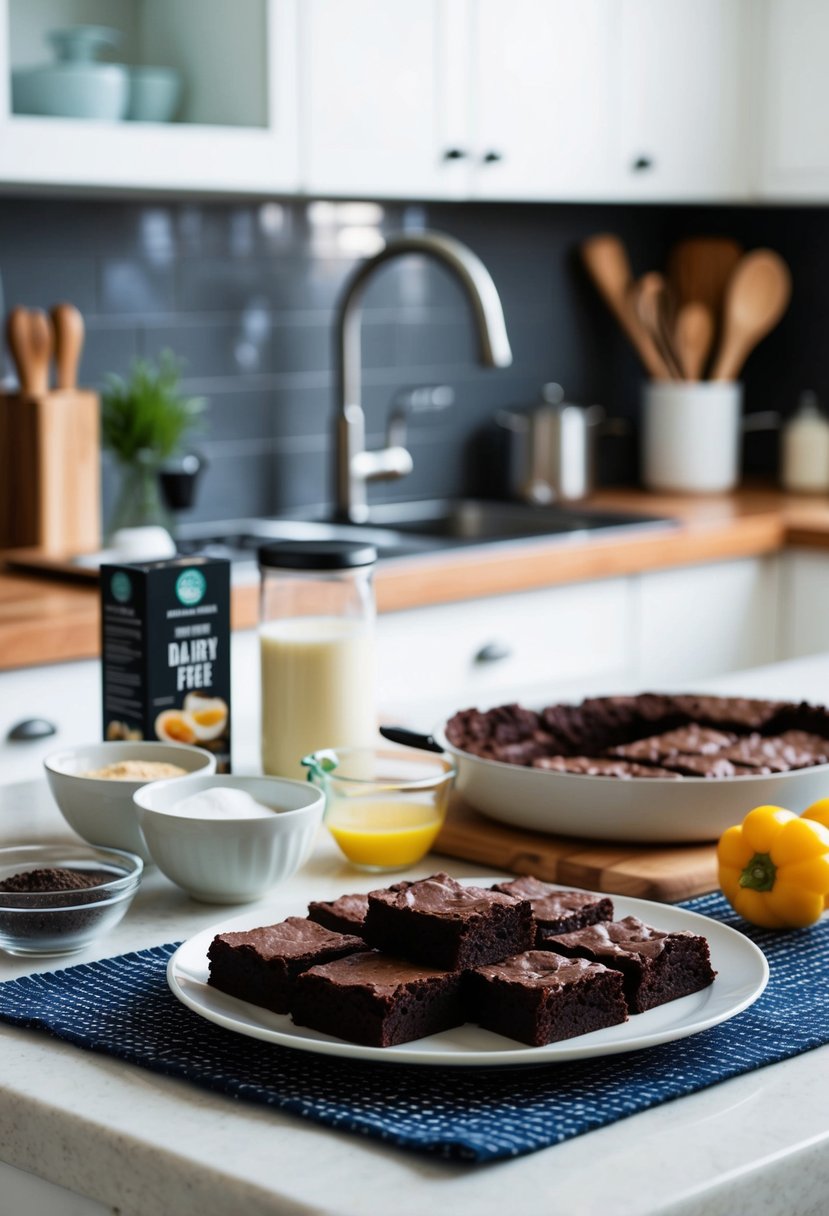 A kitchen counter with ingredients and utensils for making fudgy brownies, including gluten-free and dairy-free alternatives