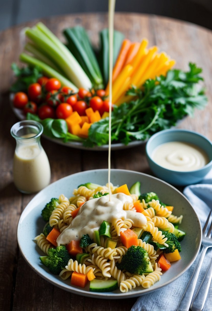 A colorful array of fresh vegetables and gluten-free pasta arranged on a rustic table, with a light, creamy sauce drizzled over the dish