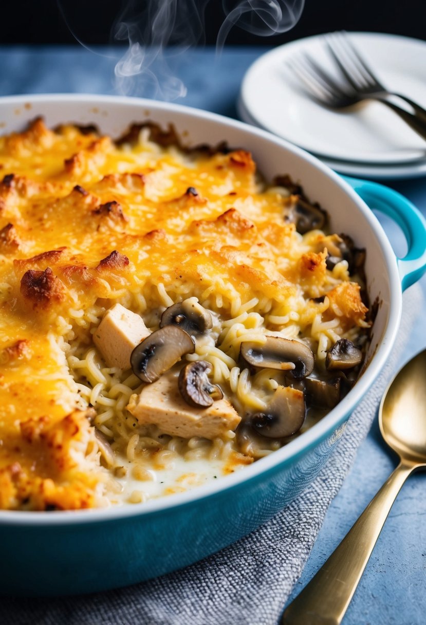 A steaming casserole dish filled with creamy chicken, rice, and mushroom mixture, topped with a golden brown crust