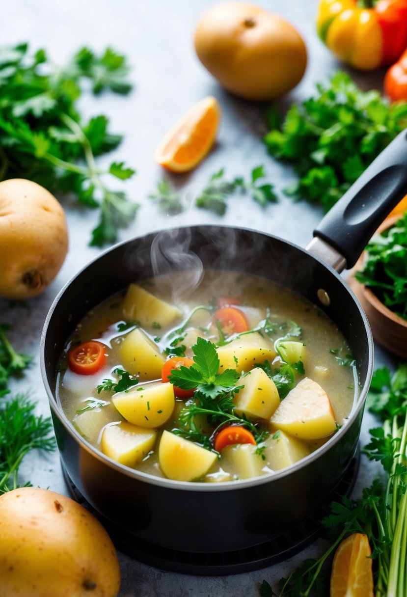 A steaming pot of potato and vegetable soup surrounded by fresh, colorful produce and herbs