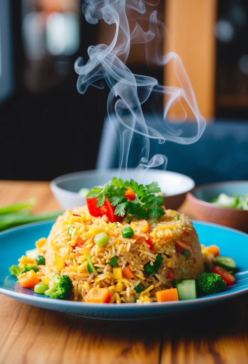 A colorful plate of fried rice with a variety of fresh vegetables, steam rising from the dish