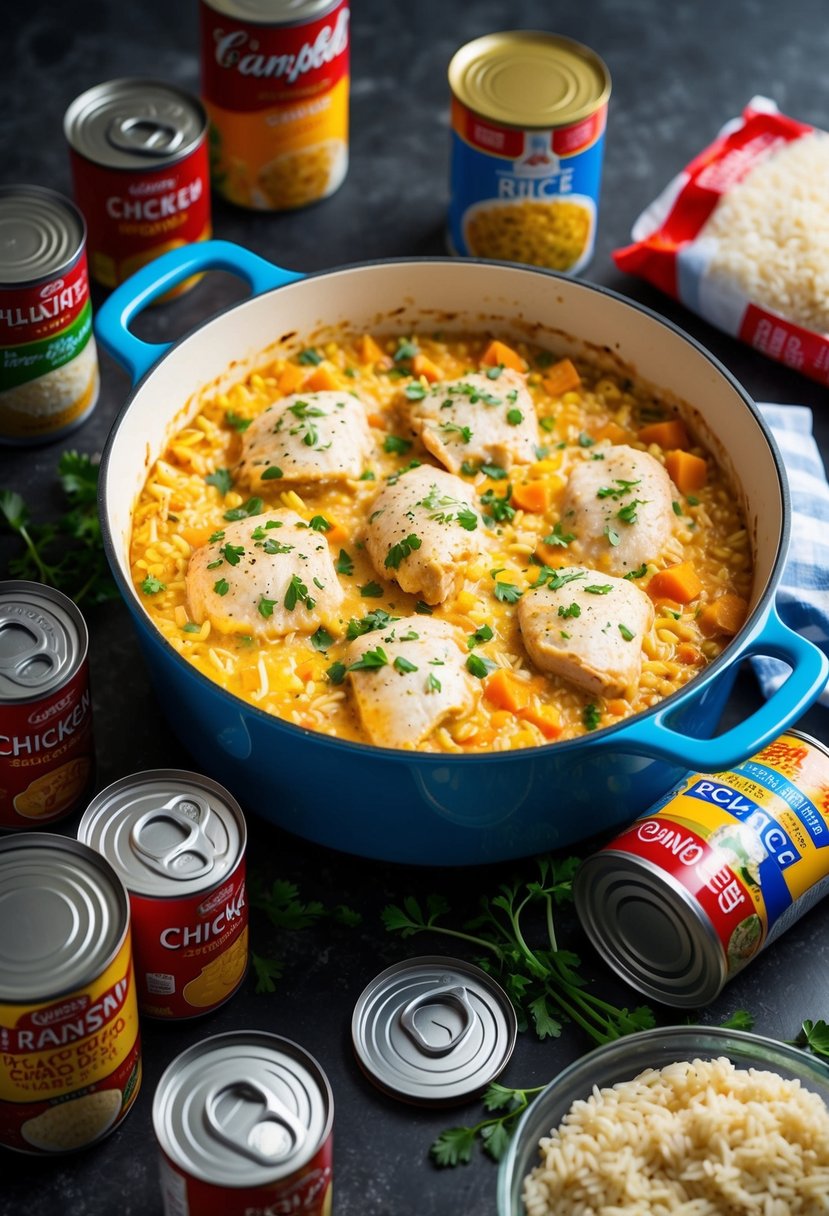 A bubbling casserole dish filled with creamy chicken and rice, surrounded by scattered pantry staples like cans of soup and bags of rice