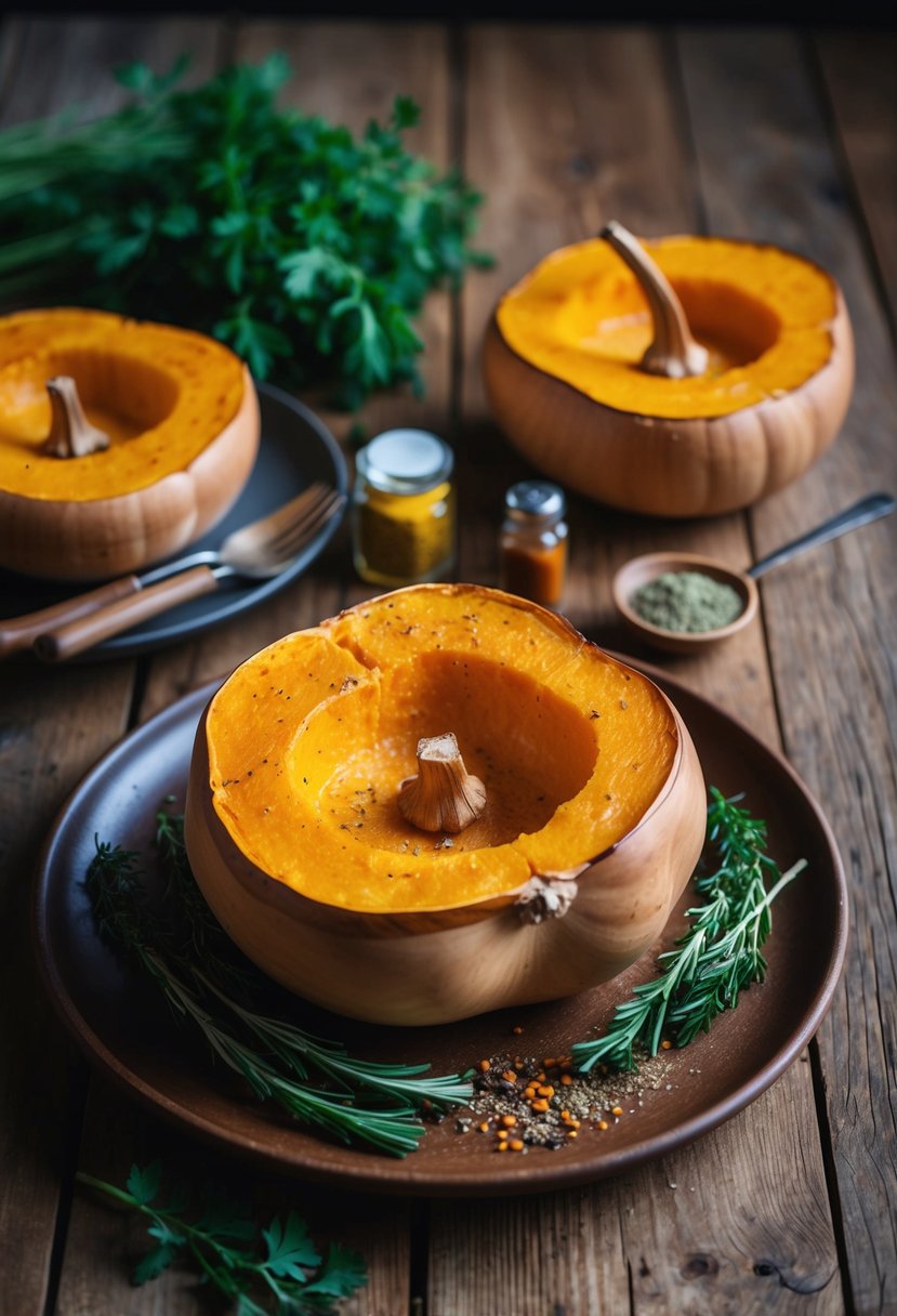 A rustic wooden table set with a roasted butternut squash, surrounded by fresh herbs and spices, with a warm, inviting glow