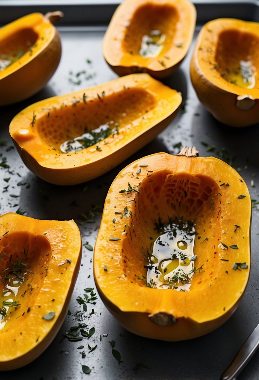 A butternut squash cut into wedges, drizzled with olive oil, and sprinkled with herbs, ready to be roasted in the oven