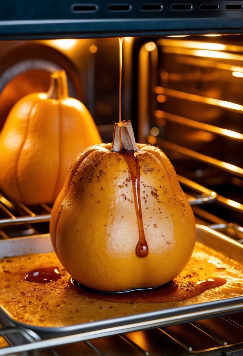 A golden butternut squash, sprinkled with cinnamon and drizzled with maple syrup, roasting in a glistening oven