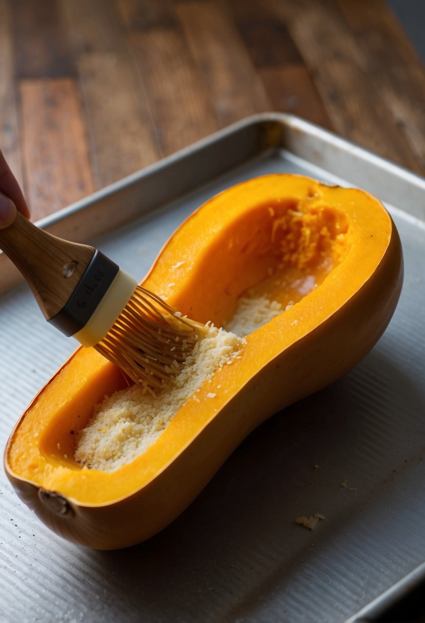 A butternut squash being brushed with garlic parmesan mixture and placed on a baking sheet