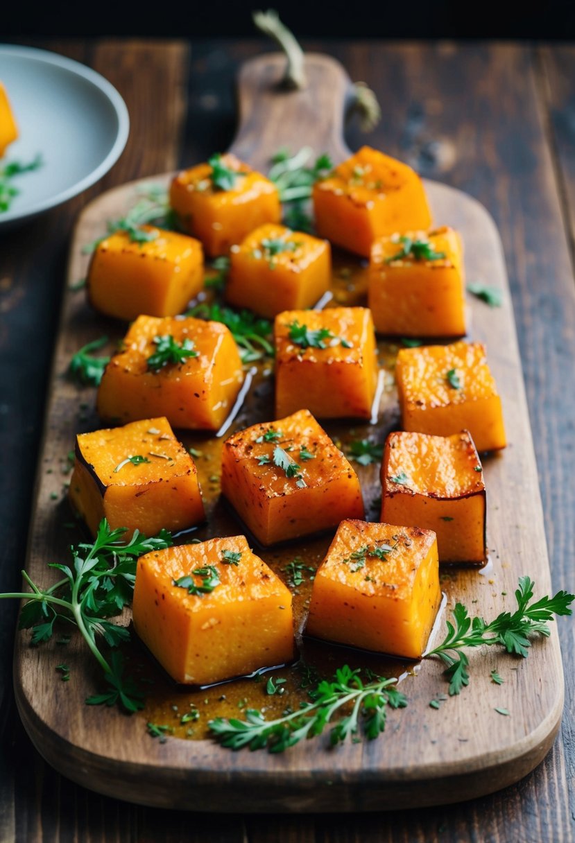 Roasted butternut squash cubes with a spicy glaze, sprinkled with fresh herbs on a rustic wooden serving board