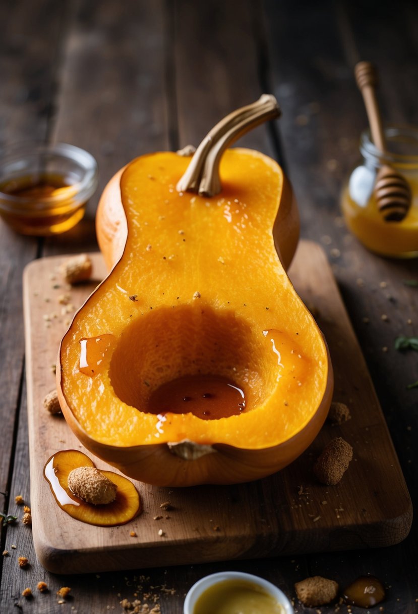 A butternut squash, glistening with ginger-honey glaze, sits on a rustic wooden cutting board surrounded by scattered spices and a drizzle of honey