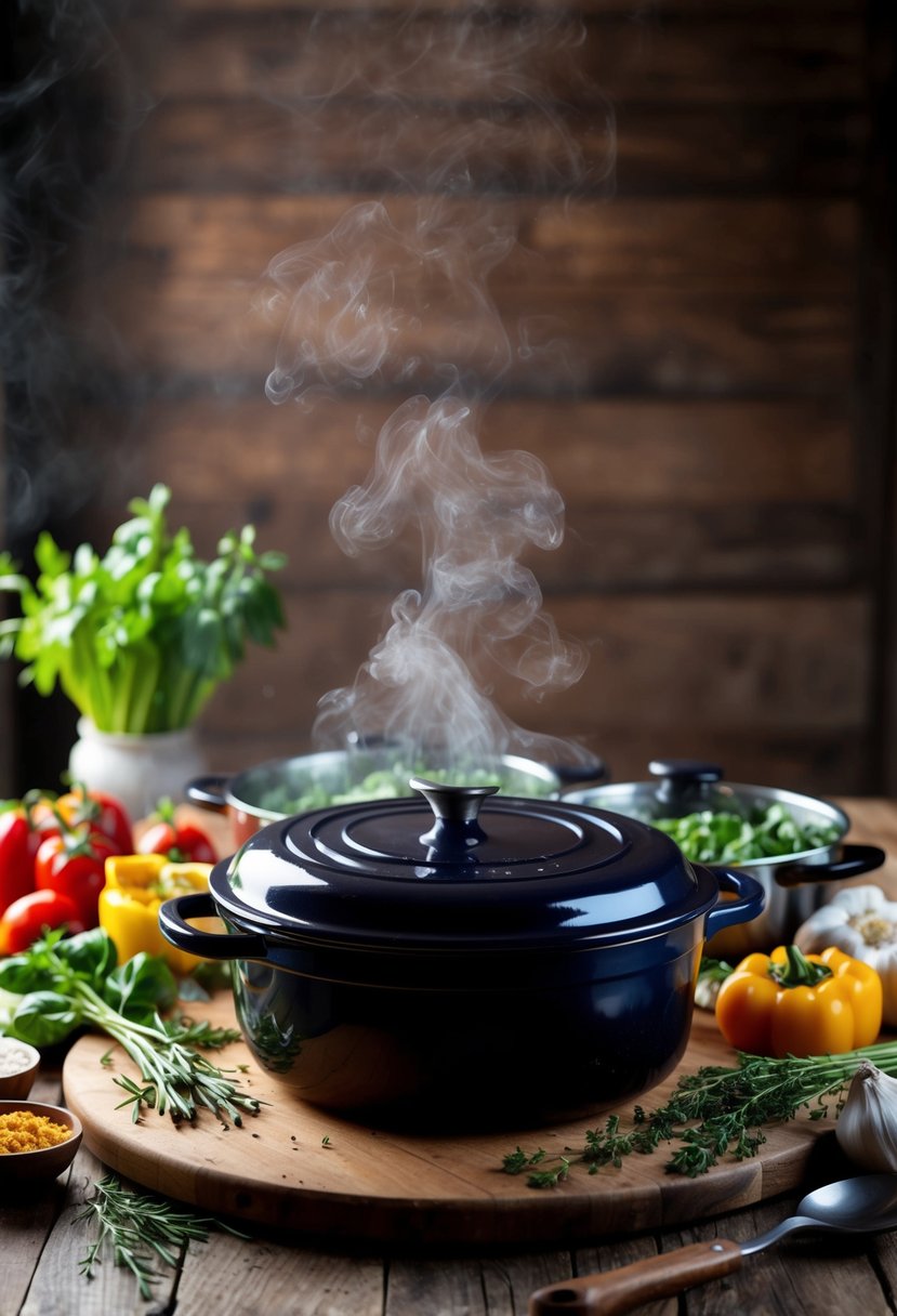 A steaming Dutch oven surrounded by fresh ingredients and cooking utensils on a rustic wooden kitchen counter