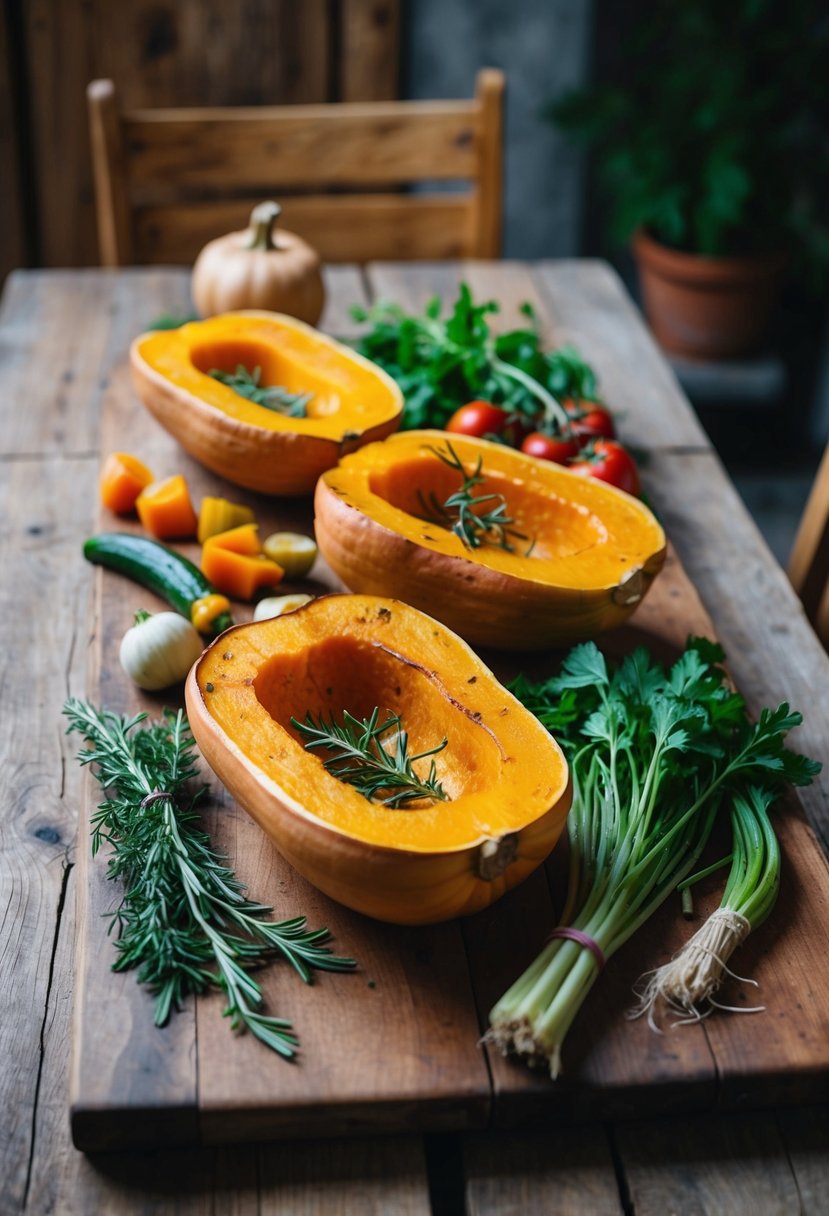 A rustic wooden table adorned with roasted butternut squash, fresh herbs, and assorted colorful vegetables