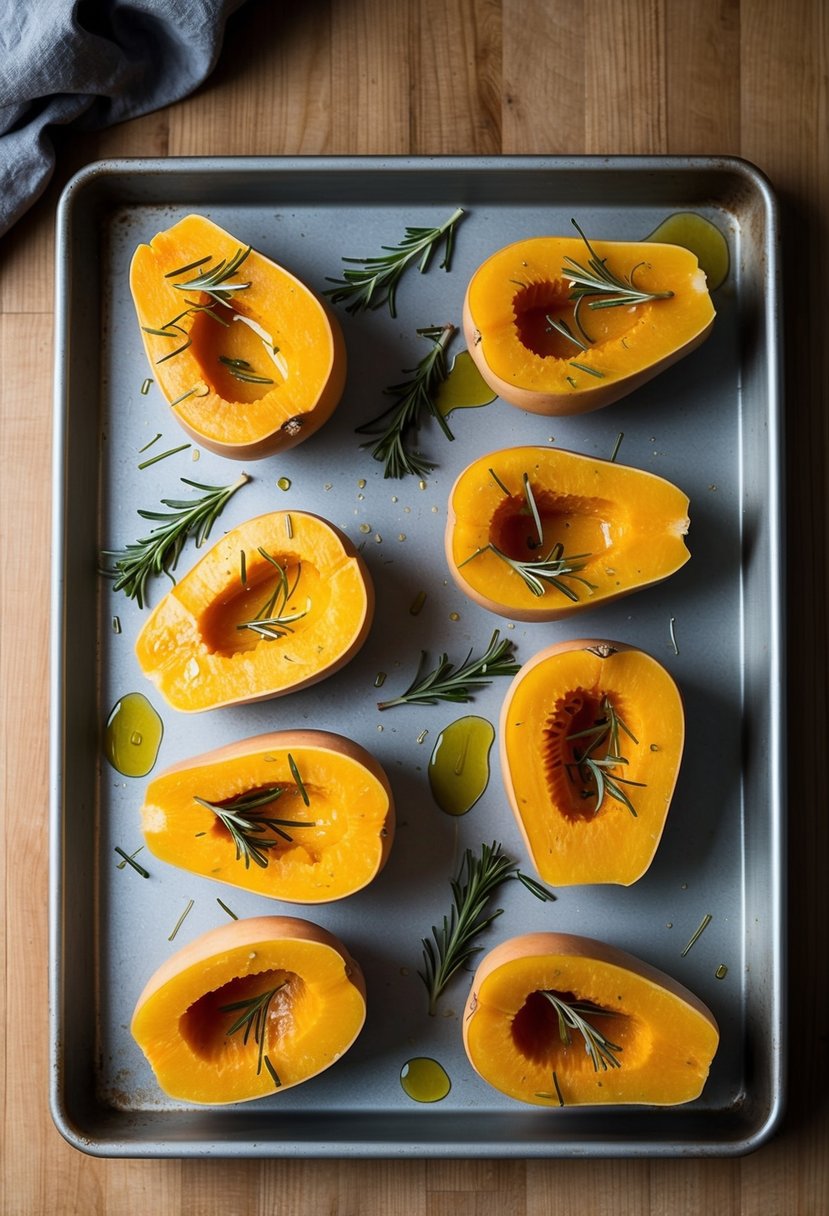 Butternut squash halves on a baking sheet, drizzled with rosemary-infused oil, ready for roasting