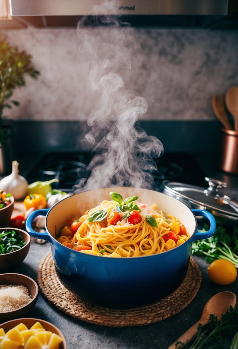 A steaming dutch oven filled with colorful one-pot pasta, surrounded by fresh ingredients and cooking utensils on a rustic kitchen counter