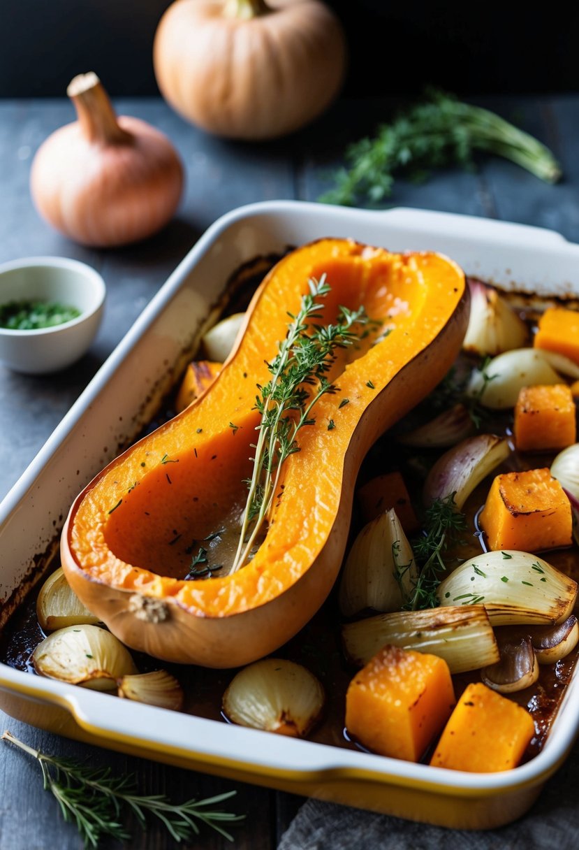 A butternut squash, onions, and herbs roasting in a baking dish