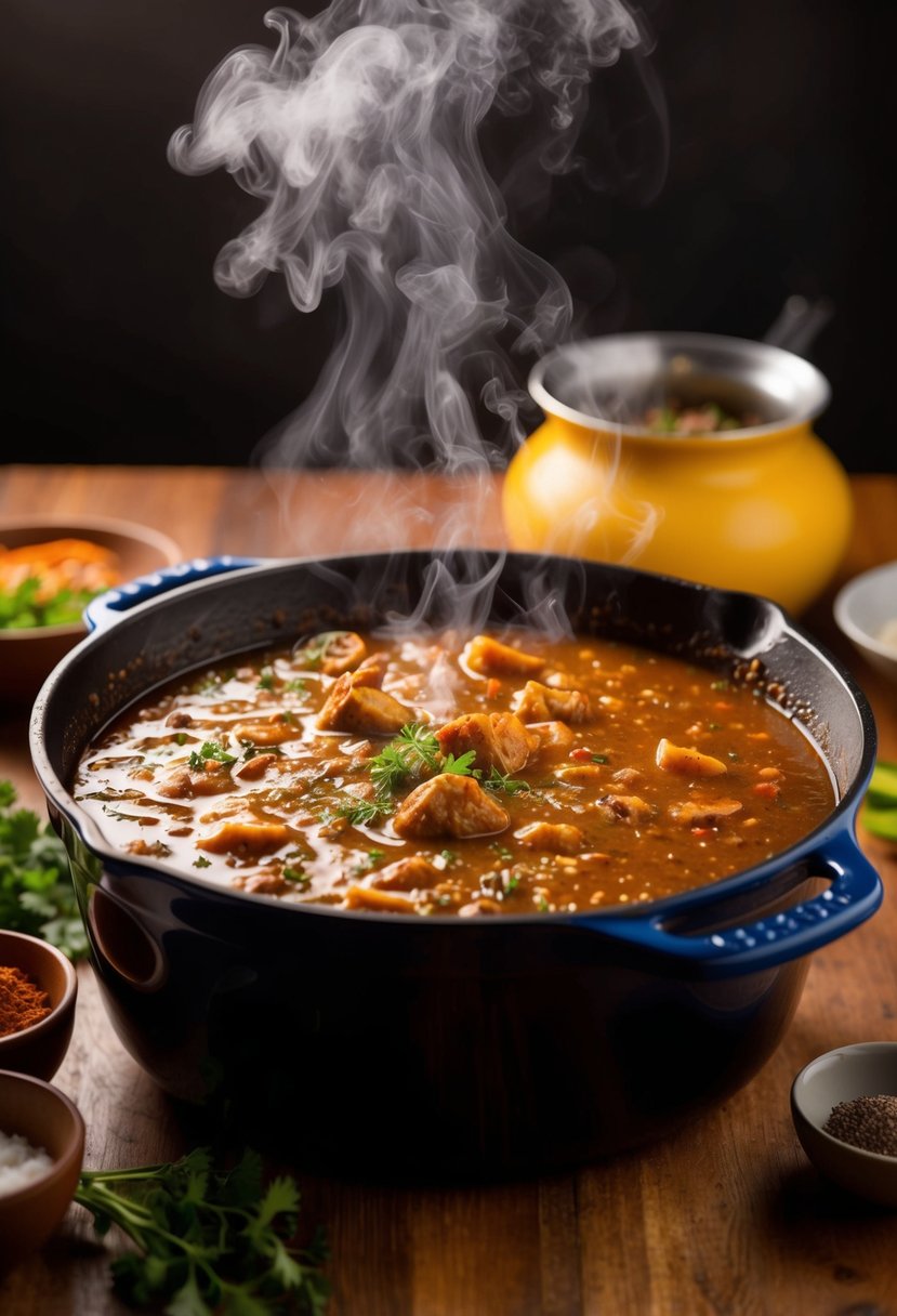 A bubbling dutch oven filled with a rich and hearty gumbo, steam rising and the aroma of spices filling the air