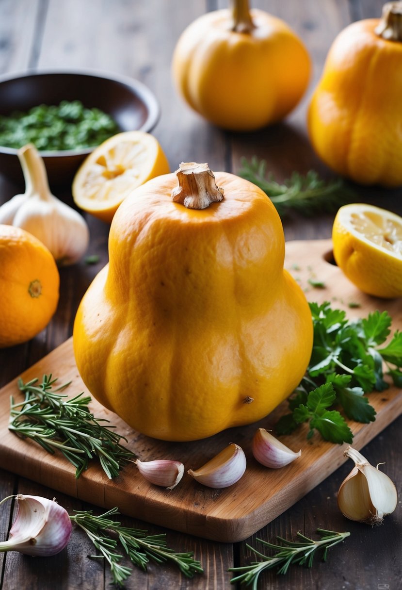 A vibrant yellow butternut squash sits on a rustic wooden cutting board, surrounded by fresh lemons, garlic cloves, and aromatic herbs