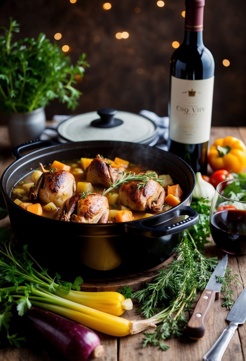 A rustic kitchen scene with a bubbling dutch oven filled with Coq au Vin, surrounded by fresh herbs, vegetables, and a bottle of red wine