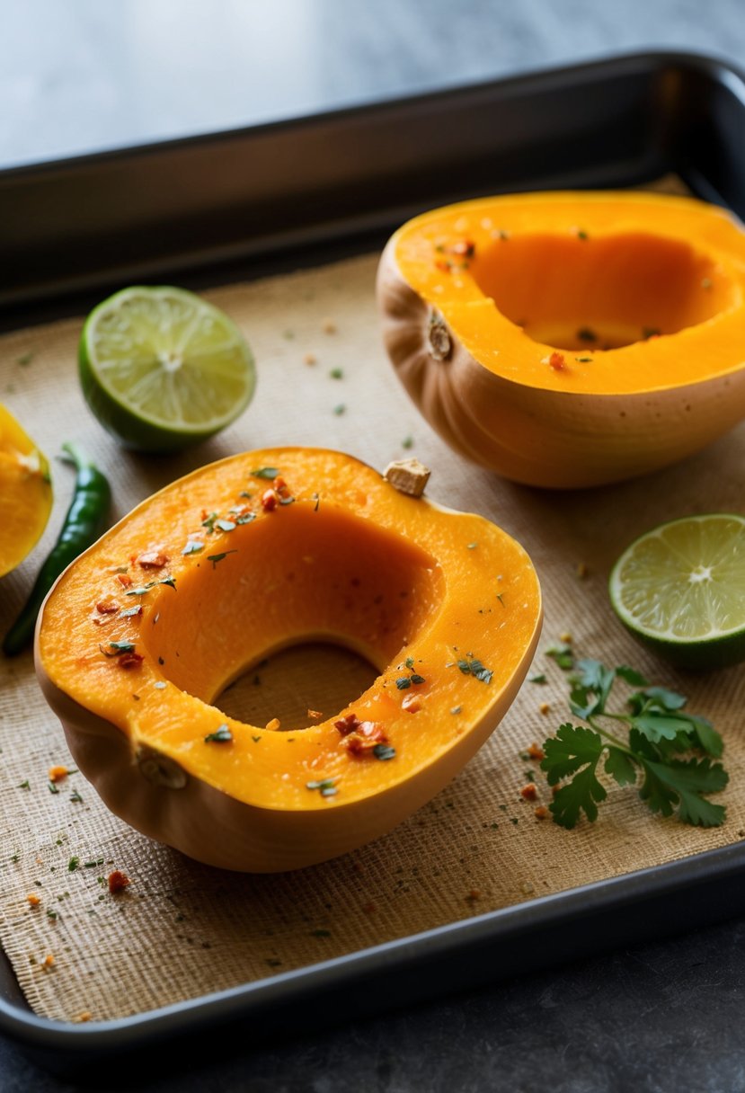 A butternut squash being sliced and seasoned with chili and lime, then placed in the oven to roast