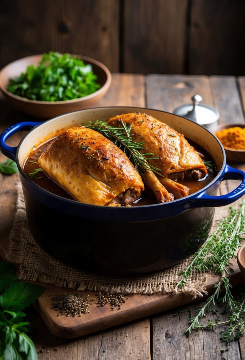 A dutch oven filled with slow-roasted pernil, surrounded by aromatic herbs and spices on a rustic wooden table