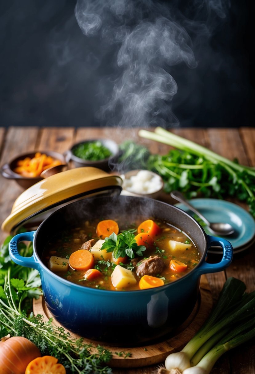 A steaming dutch oven filled with hearty Irish stew, surrounded by rustic vegetables and herbs