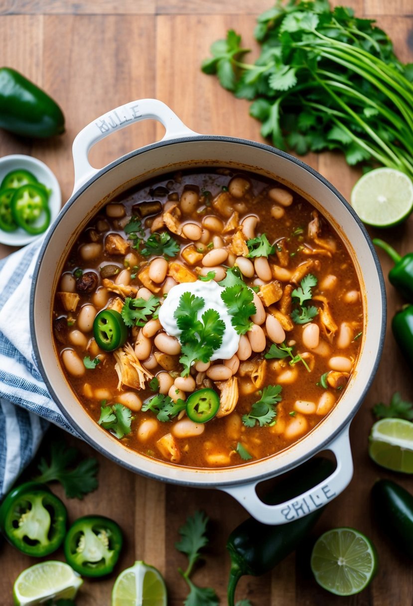 A bubbling dutch oven filled with white bean chicken chili, surrounded by fresh ingredients like cilantro, jalapenos, and lime slices