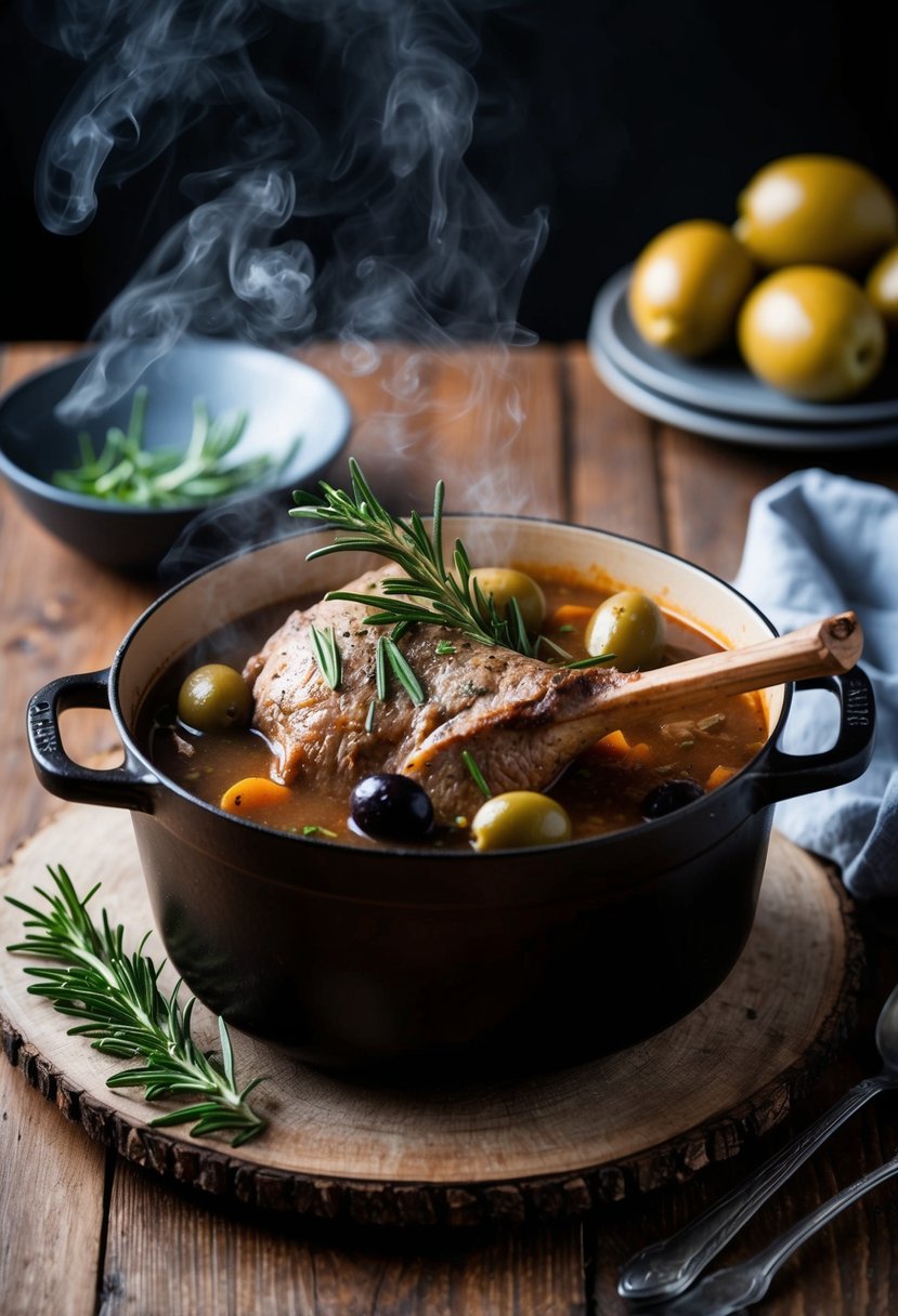 A rustic, steaming dutch oven filled with lamb stew, rosemary sprigs, and olives, sitting on a wooden table