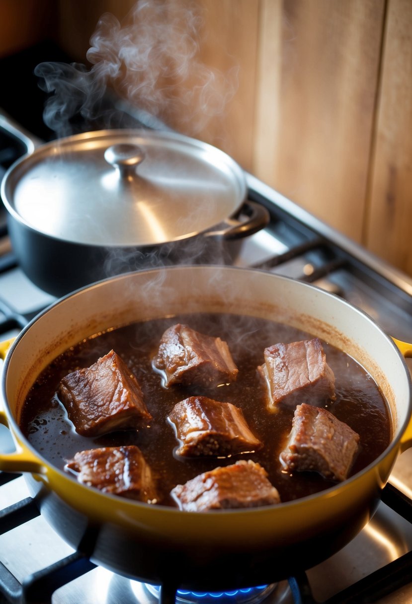 Beef short ribs simmering in a bubbling cola braising liquid inside a steaming Dutch oven on a stovetop