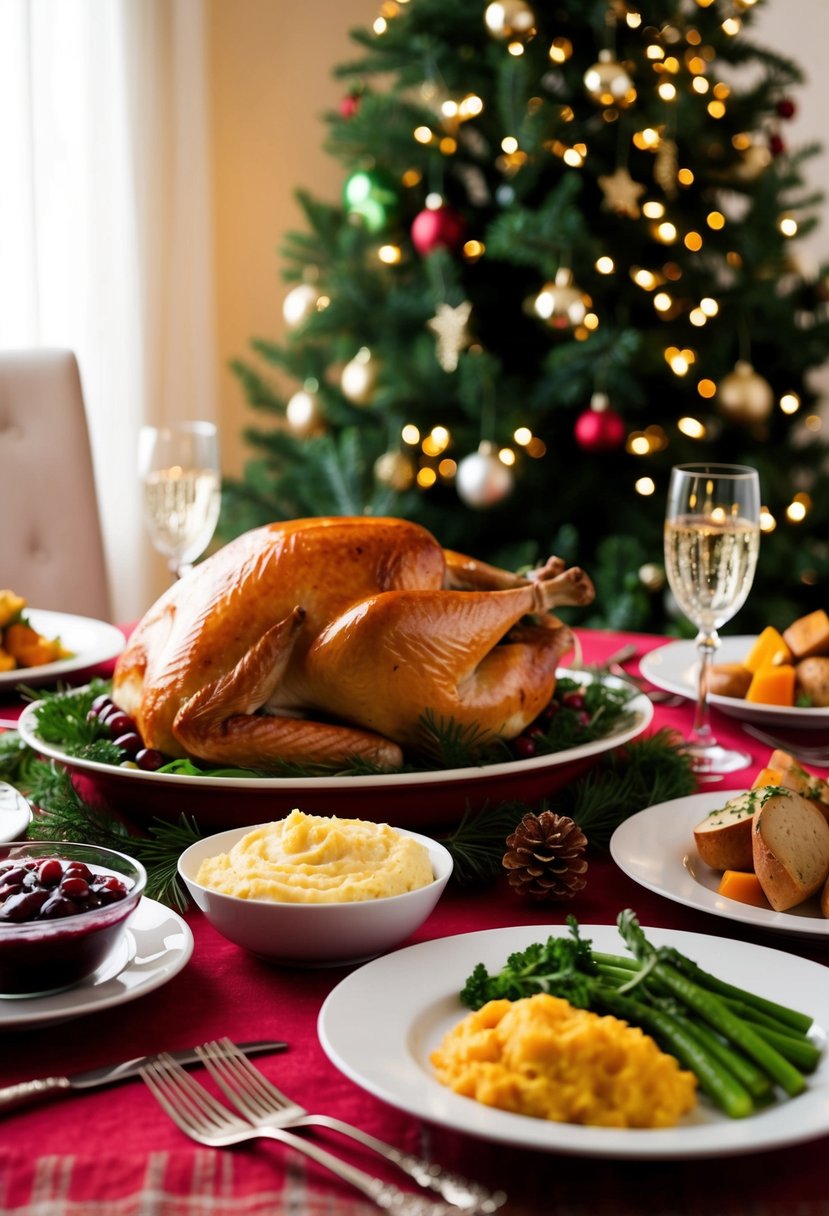 A festive table set with a roast turkey, cranberry sauce, mashed potatoes, and steamed vegetables, surrounded by twinkling Christmas decorations