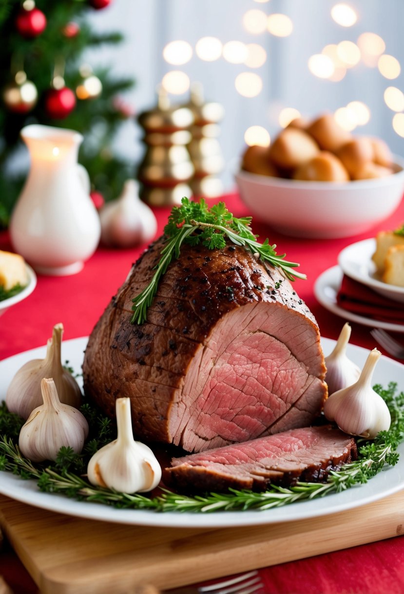 A succulent roast beef surrounded by garlic cloves and fresh herbs, set on a festive Christmas dinner table