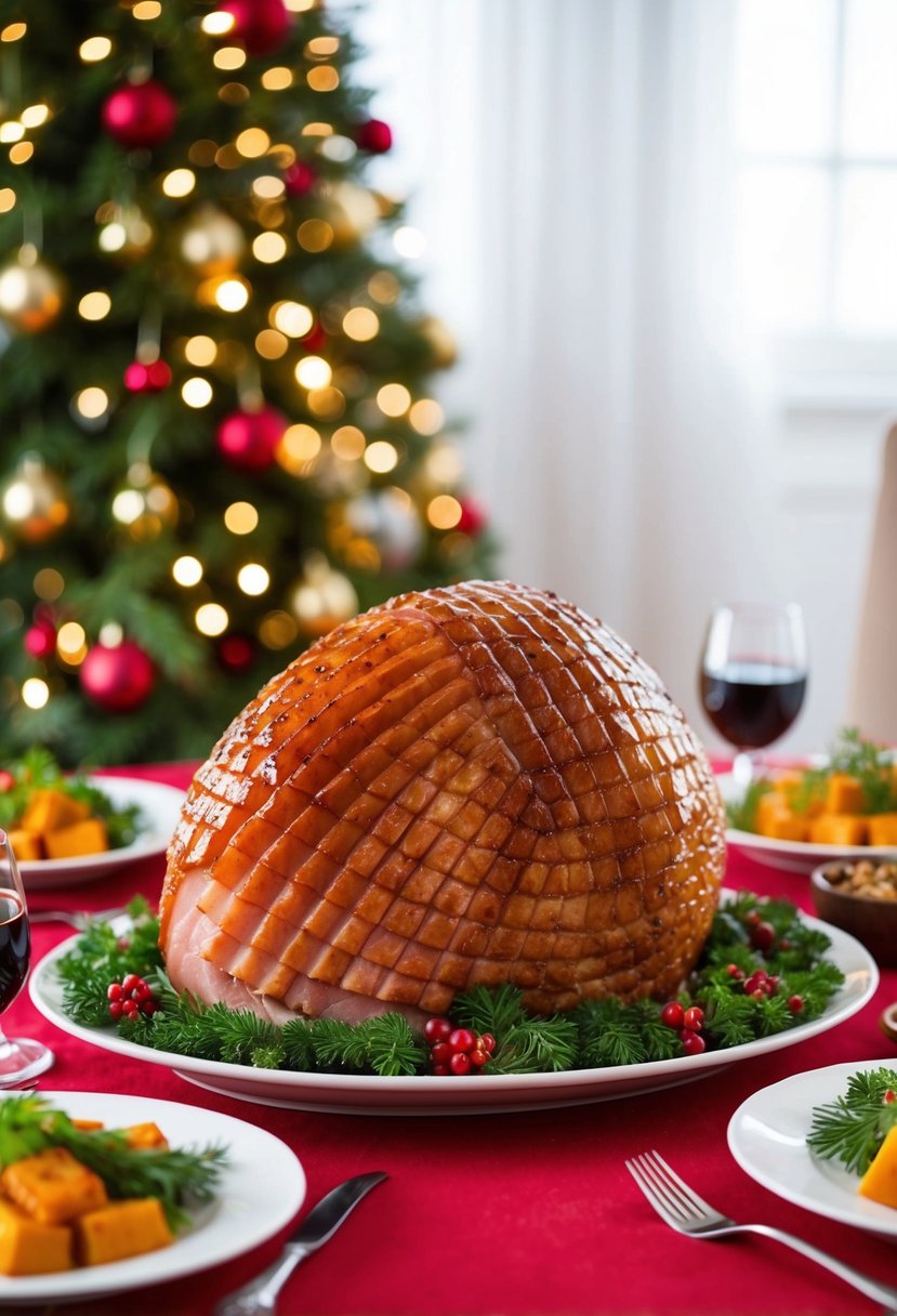 A succulent honey glazed ham surrounded by festive side dishes on a Christmas dinner table