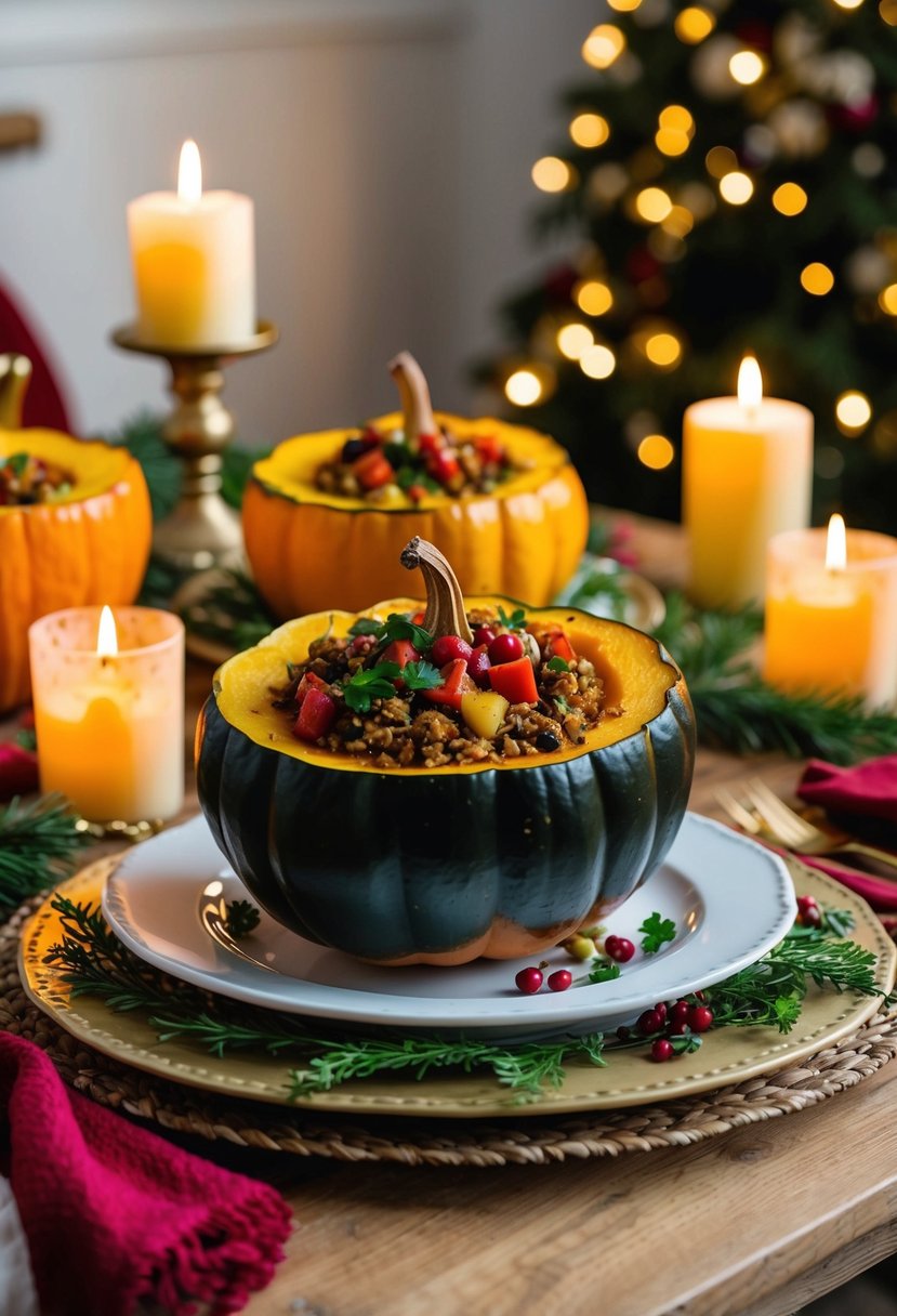 A festive table set with roasted acorn squash stuffed with a colorful medley of vegan ingredients, surrounded by flickering candlelight and holiday decor