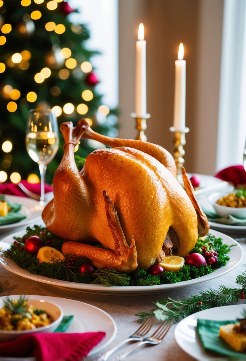 A golden roast goose surrounded by festive garnishes and side dishes on a holiday dinner table