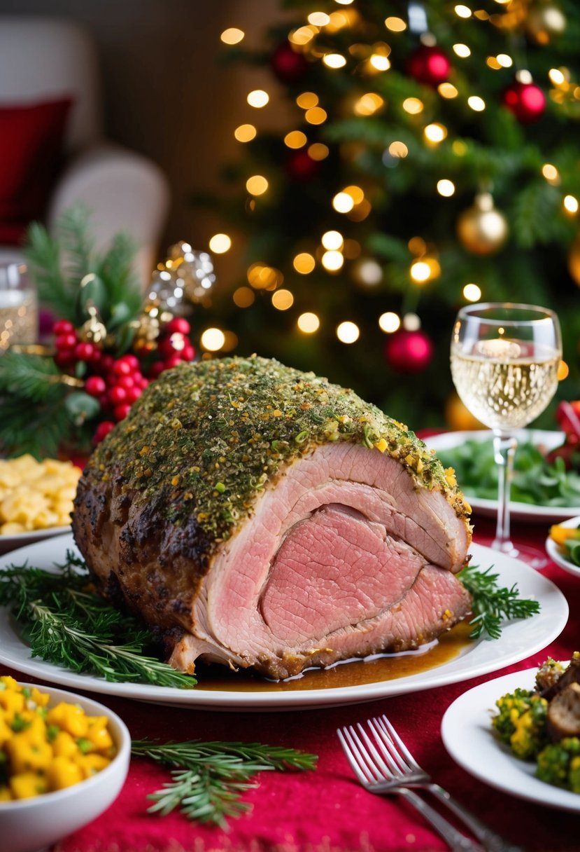 A succulent prime rib roast, coated in a fragrant herb crust, sits on a festive holiday table surrounded by seasonal side dishes and twinkling Christmas decorations