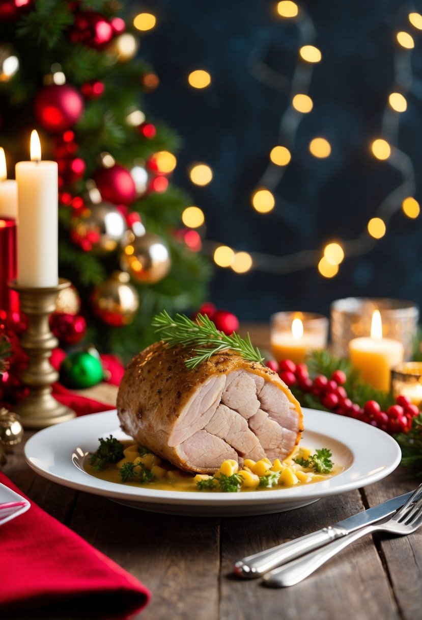 A festive table set with stuffed pork tenderloin, surrounded by holiday decorations and candles